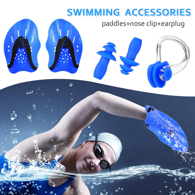 Skylety 2 Sets Swim Hand Paddles, Swim Training Contoured Exercise Adjustable Straps Swimming Paddles with Ear Plugs and Nose Clip for Women Men Children Silver, Blue - BeesActive Australia