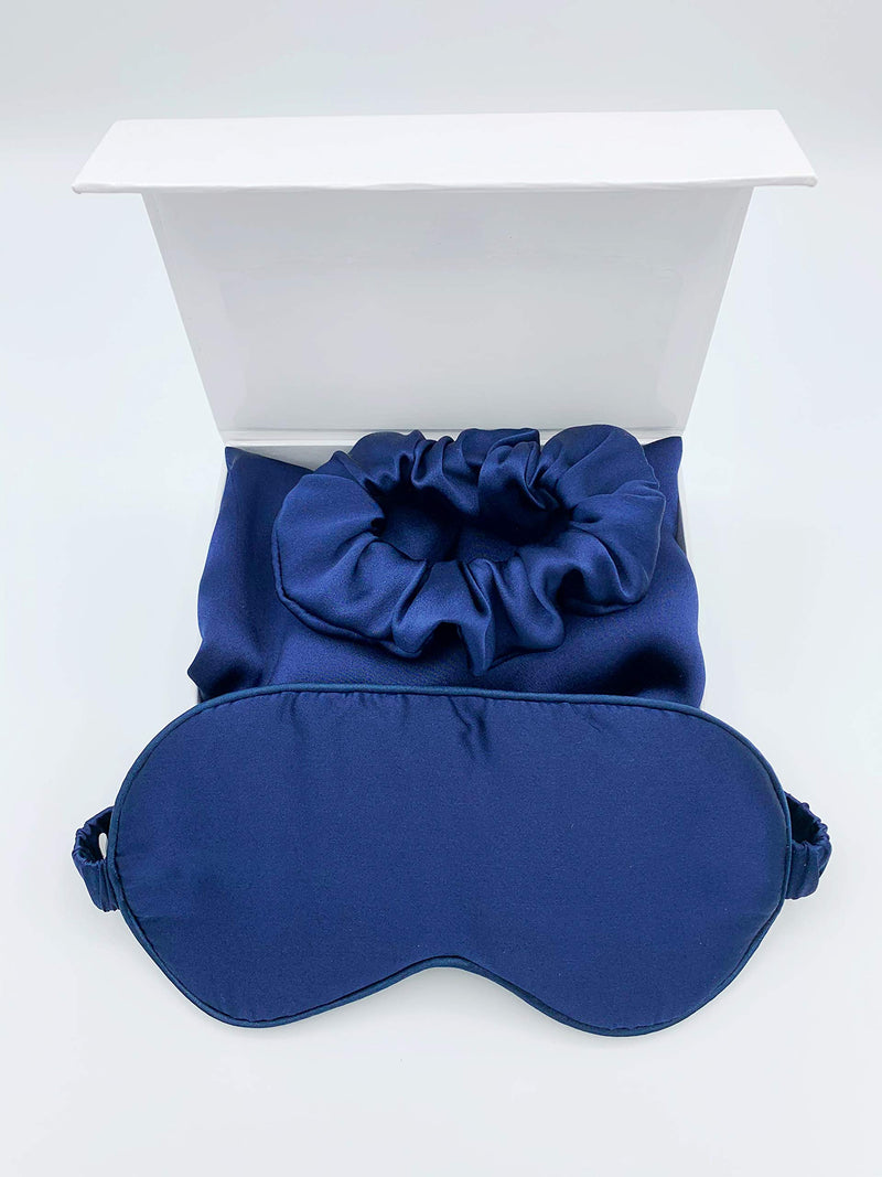 Lush Nest 3-piece Beauty Sleep Silk Set 100% Mulberry Silk Navy Pillowcase with Zipper Closure, Silk Eye Mask & Silk Scrunchie for Beautiful Hair and Skin - Perfect for Holiday Gifts - BeesActive Australia