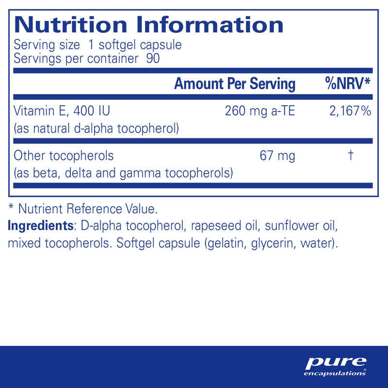 Pure Encapsulations - Vitamin E (with Mixed Tocopherols) - 400 IU Natural D-Alpha Tocopherol - Antioxidant Dietary Supplement - 90 Softgel Capsules - BeesActive Australia