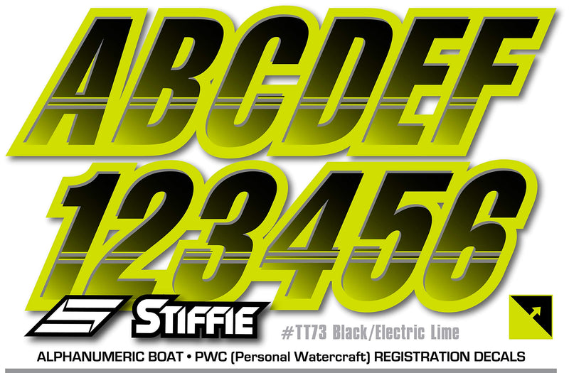 [AUSTRALIA] - STIFFIE Techtron Black/Electric Lime 3" Alpha-Numeric Registration Identification Numbers Stickers Decals for Boats & Personal Watercraft 