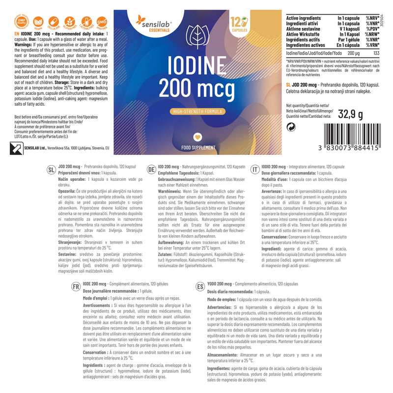 Sensilab Essentials Iodine Tablets 200 mcg � Potassium Iodide Capsules for Thyroid & Nervous System Support � 120 Iodine Capsules - 4-Month Supply - BeesActive Australia
