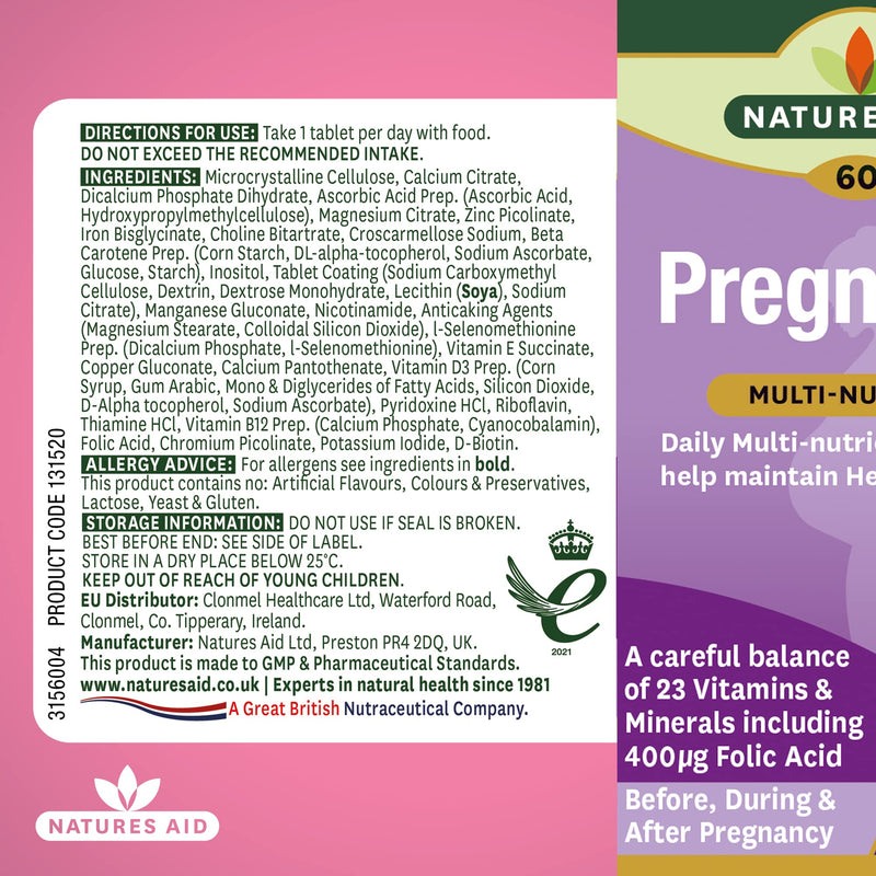 Natures Aid Pregnancy Multi-Vitamins and Minerals Tablets (23 Essential Vitamins and Minerals, 60 Tablets, Before, During and After Pregnancy, Vegan Society Approved, Made in the UK) - BeesActive Australia