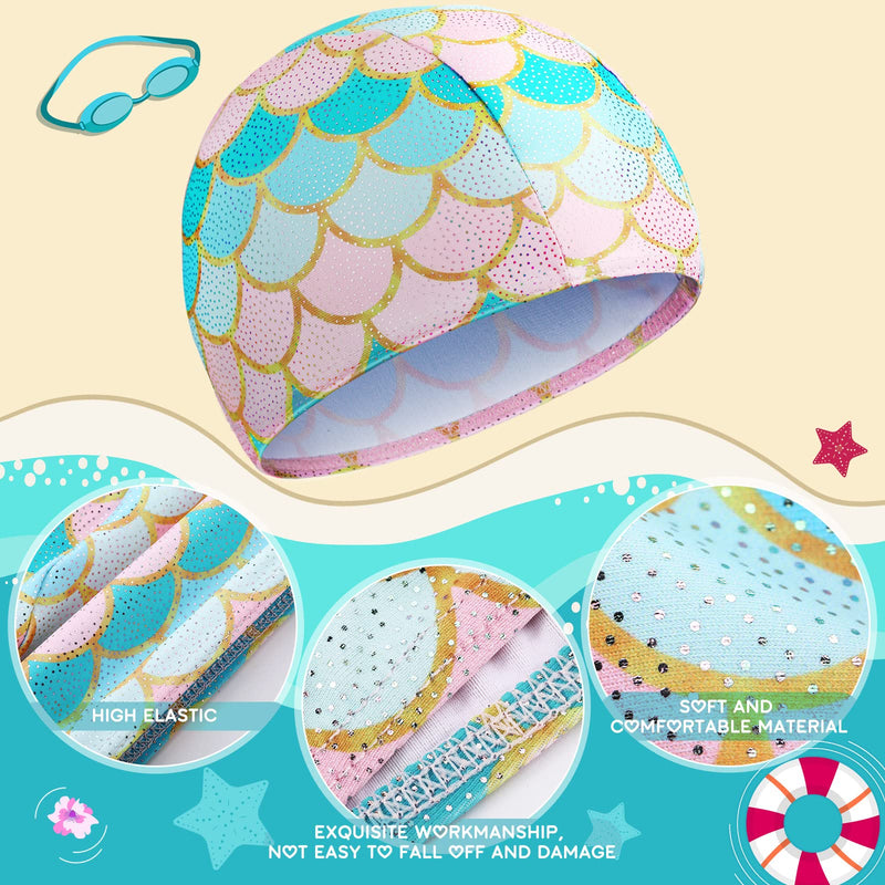 2 Pieces Kids Swim Caps for Boys and Girls, Fabric Toddler Swimming Cap Child's Swim Hats for Long Hair Pool Beach Shell, Scales - BeesActive Australia