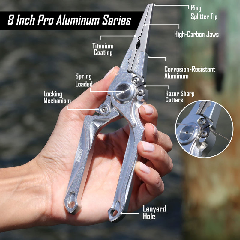 Beyond Fishing Pro Aluminum Series 8 Inch Multifunction Fishing Pliers, Saltwater Resistant Fishing Gear, Tungsten Carbide Cutters, Corrosion Resistant Teflon Coating With Sheath Black - BeesActive Australia