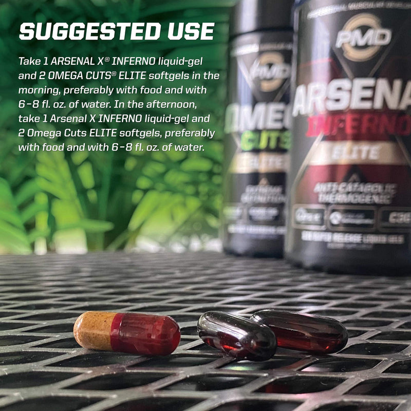 PMD Sports Six Week Inferno Stack - Maximum Strength Fat Burner and CLA Omega Fatty Acid to Lose Fat Fast and Increase Muscle Tone - Arsenal X Inferno/120 Liquid Gels, Omega Cuts Elite/180 Softgels - BeesActive Australia