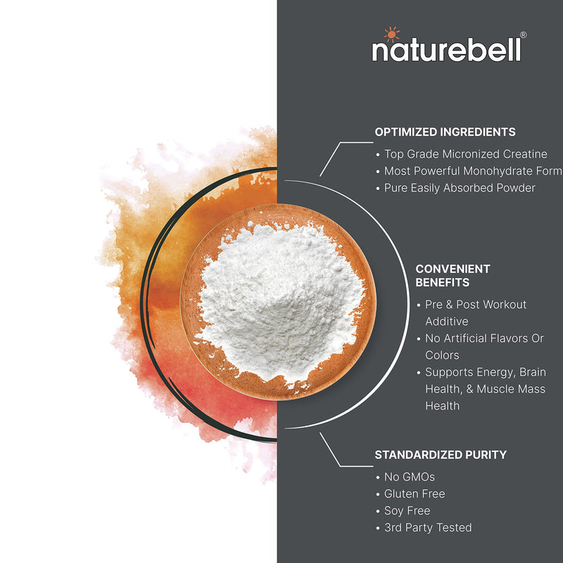 NatureBell Creatine Monohydrate Powder 500 Grams, 5000mg Per Serving, Pure Unflavored Creatine Powder - Micronized - Pre Workout | Keto | Vegan | Dissolves Easy | Filler Free - 100 Servings (1.1Lb) - BeesActive Australia