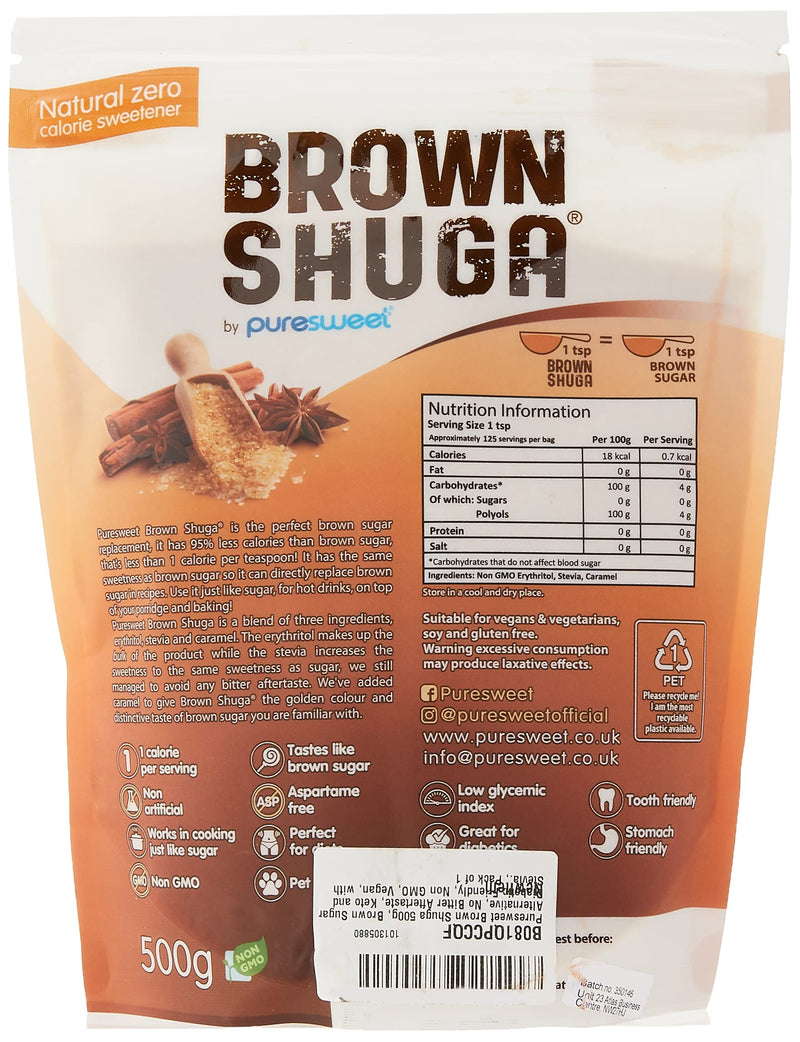 Puresweet Brown Shuga 500g, Brown Sugar Alternative, No Bitter Aftertaste, Keto and Diabetic Friendly, Non GMO, Vegan, with Stevia., Pack of 1 - BeesActive Australia