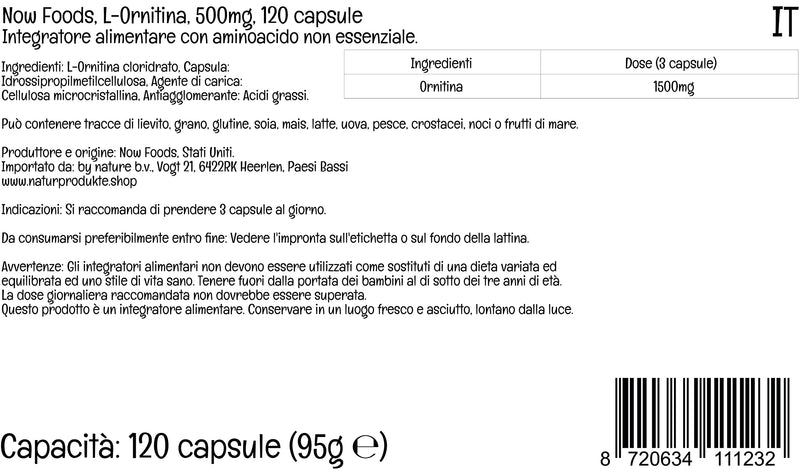 Now Foods, L-Ornithine, 500mg, 120 Vegan Capsules, Lab-Tested, Amino Acid, Gluten Free, Soy Free, Vegetarian - BeesActive Australia