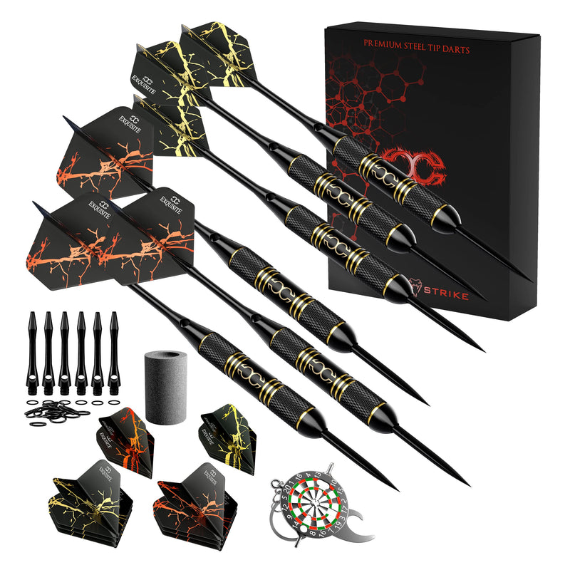 CC-Exquisite Professional Steel Tip Darts Set - 6 x 22g Brass Barrels with 12 Flights Standard/Slim, 12 Aluminum Shafts 35/48mm, 12 O-Rings, Dart Tool, Dart Sharpener and Case (Black & Gold) Lines- 22g - BeesActive Australia