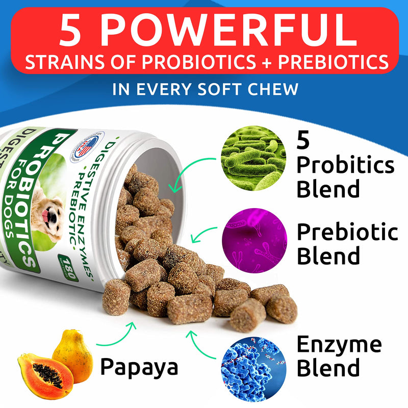 Dog Probiotics Chews - Gas, Diarrhea, Allergy, Constipation, Upset Stomach Relief, with Digestive Enzymes + Prebiotics - Chewable Fiber Supplement - Improve Digestion, Immunity - Made in USA Chicken 180 Chews - BeesActive Australia
