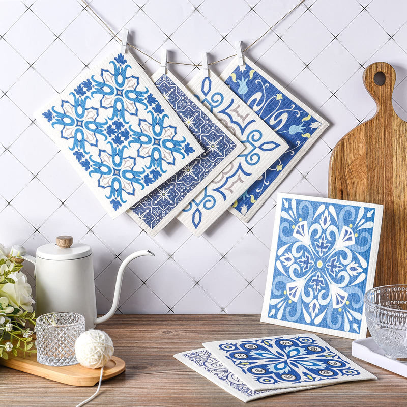 WILLBOND 9 Pieces Blue Style Swedish Kitchen Dishcloths Reusable Absorbent Hand Towels Sponge Cloth for Baking Cooking Kitchen Home Decoration Housewarming Gift Blue Print - BeesActive Australia