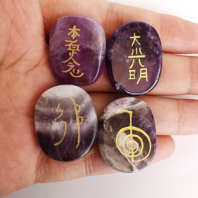 Lovionus89 4 Pcs Amethyst Engraved Chakra Stones Healing Crystal Reiki Balancing Palm Stone, 25mm - BeesActive Australia