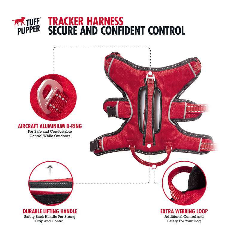 Tuff Pupper Updated for 2022 - Tracker No Escape Dog Harness | Dual Escape Proof Leash Attachments | 5 Point Adjustable Fit Harness for Dogs | Padded Dog Harness for Comfort | Handle Dog Lift Harness Medium (Neck: 18-23" , Chest: 22-31") March Red - BeesActive Australia