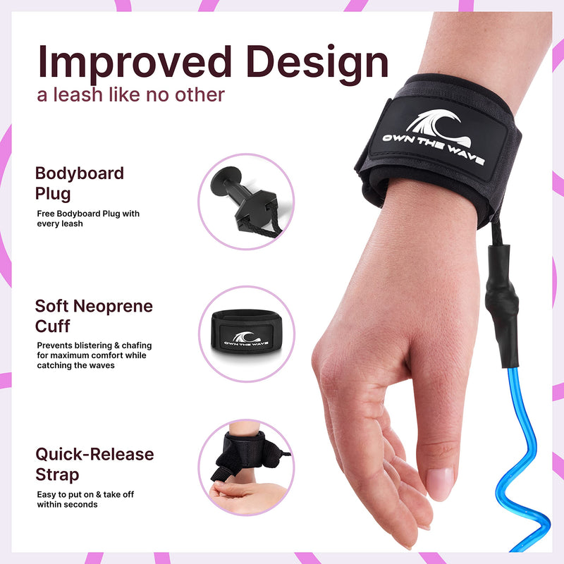 Own the Wave Bodyboard Leash - Coiled Wrist Surf Leash Premium Coil Lightweight Body Board Leash with Plug - BeesActive Australia