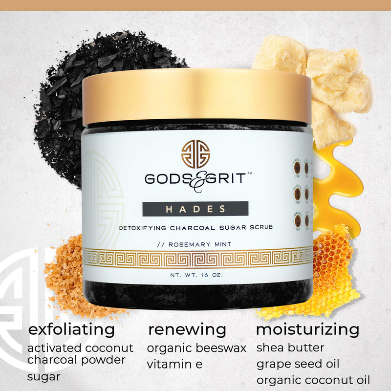 Gods & Grit Hades Activated Charcoal Detoxifying & Exfoliating Body Scrub | Hydrating Coconut Oil & Cleansing Rosemary Mint Sugar Scrub | Foot Scrub & Body Scrubs for Men & Women Exfoliation (16 oz) - BeesActive Australia