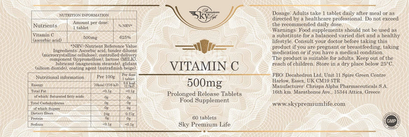 Sky Premium Life Vitamin C 500mg - 180 Prolonged Release Tablets - Non-GMO (180 Tablets) 180 count (Pack of 1) - BeesActive Australia