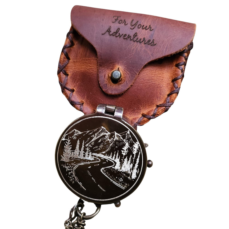 Mountain and Road Engraved Working Handmade Antiqued Brass Compass Gift for Men with ''for Your Adventures'' Stamped Leather Case - BeesActive Australia