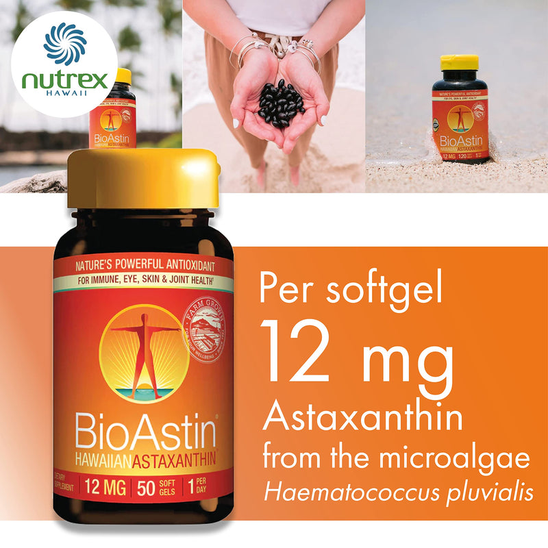 Nutrex Hawaii, BioAstin, Hawaiian Astaxanthin, 12 mg, 2-Day-Depot, 50 Soft Capsules, Lab Tested, Vitamin E, Gluten Free, Soy Free, Non-GMO - BeesActive Australia