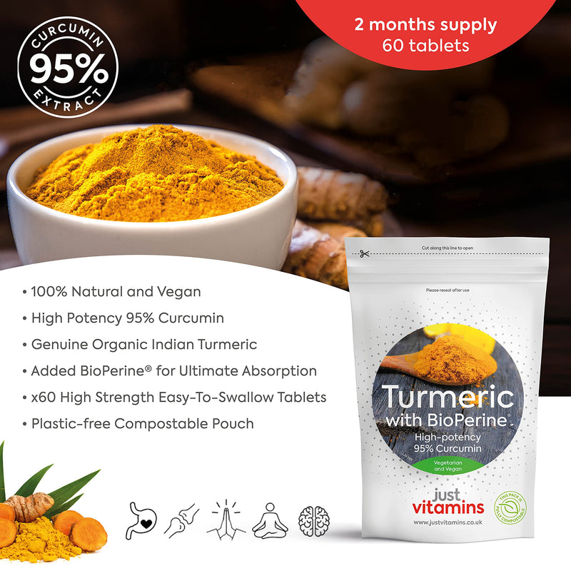 High Strength Turmeric Curcumin 95% + Black Pepper Bioperine� 10,000mg Tablets x60, 2 Month Supply, Advanced Turmeric Supplement with Patented Black Pepper Extract for Max Absorption - UK Made 60 Count (Pack of 1) - BeesActive Australia