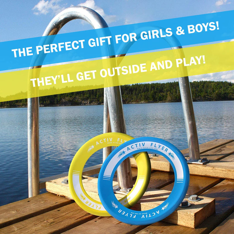 Activ Life Kid's Flying Rings [2 Pack] Fly Straight & Don’t Hurt - 80% Lighter Than Standard Flying Discs - Replace Screen Time with Healthy Family Fun - Get Outside & Play! Made in USA Cyan/Yellow - BeesActive Australia