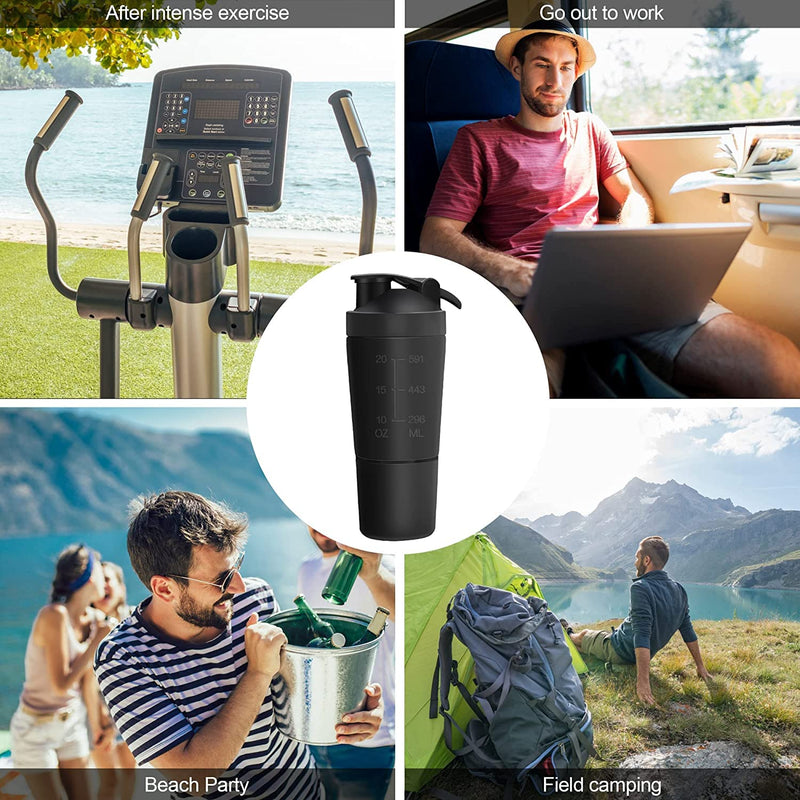 Protein Shaker Bottle 700ML with Mixball & Protein Compartment 200ML, Premium Stainless Steel Protein Shaker, Leak-Proof Metal Shaker, BPA Free Fitness Bottle Shaker for Men and Women Slim Fast, Black Protein Shaker With Storage | Black - BeesActive Australia