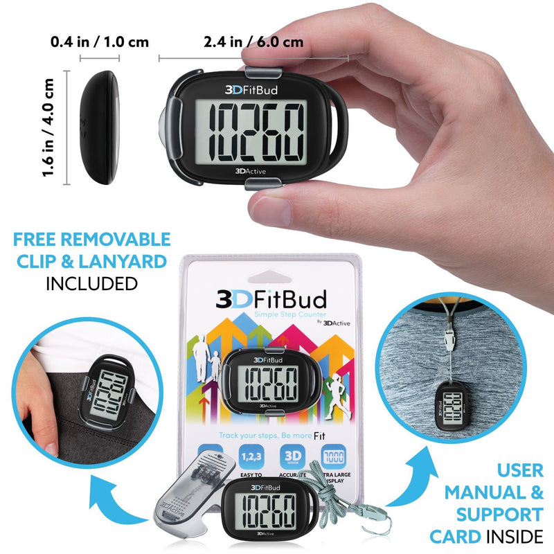 3DFitBud Simple Step Counter Walking 3D Pedometer with Clip and Lanyard, A420S Black with Clip - BeesActive Australia