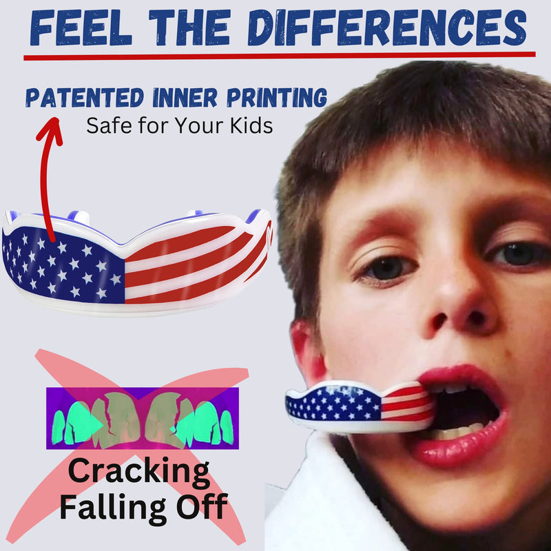 Oral Mart Sports Youth Mouth Guard for Kids (USA Flag & 3 Fangs & 15 Best Colors) | Youth Mouthguard (BPA Free) Football, MMA, Karate, Flag Football, Rugby, Boxing, BJJ, Hockey (/w Vented Case) (Youth, Strapless) Youth (Age 12 & Below) American Flag - BeesActive Australia