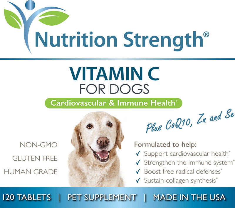 Nutrition Strength Vitamin C for Dogs to Support Cardiovascular Health, Help Strengthen The Immune System, Boost Free Radical Defenses and Sustain Collagen Synthesis, 120 Chewable Tablets - BeesActive Australia