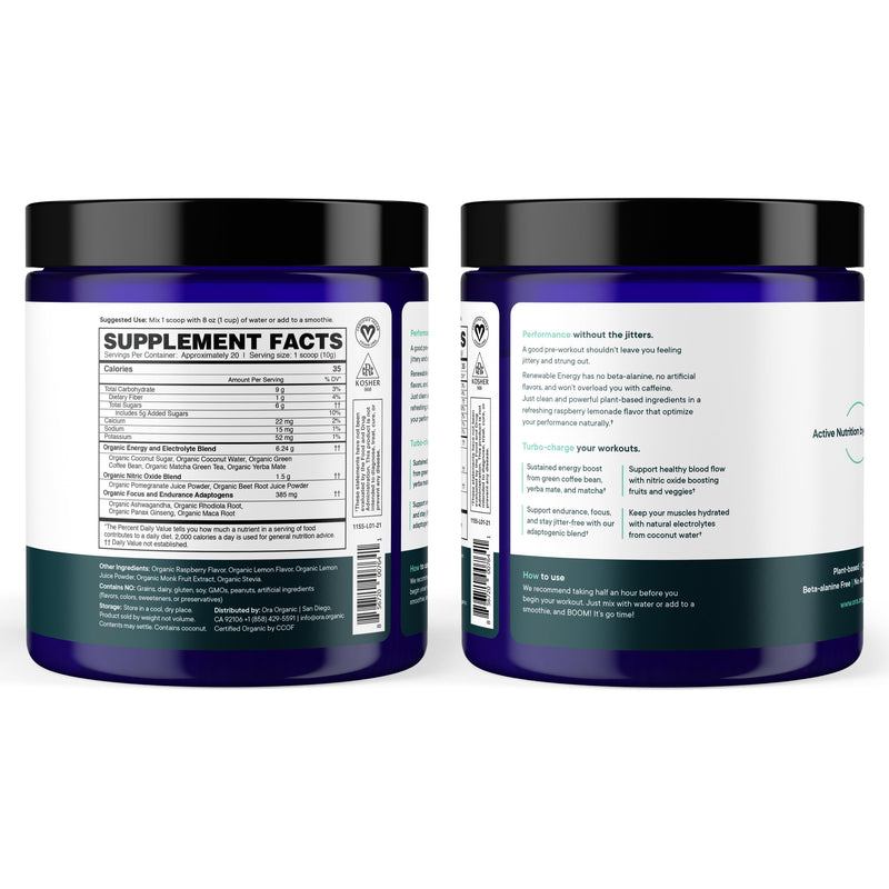 Ora Organic Natural Pre Workout Powder - Raspberry Lemonade Flavor- Provides Jitter Free Energy, Focus, Hydration, & Endurance - Vegan, Certified Organic, Soy, Dairy, & Gluten Free, 20 Servings - BeesActive Australia