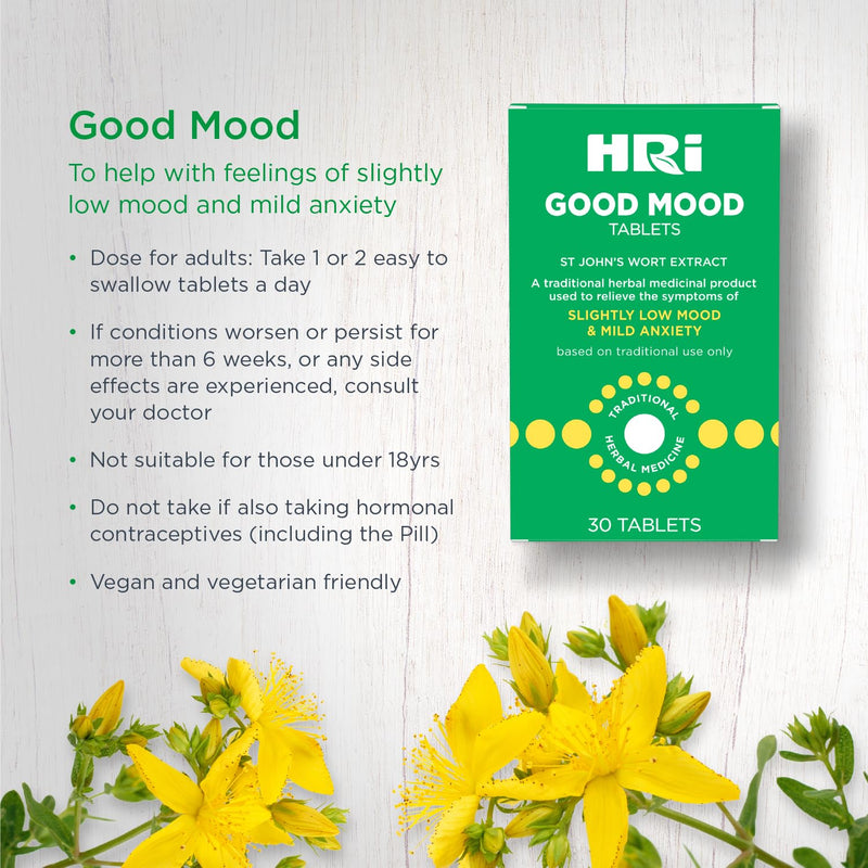 HRI Good Mood St Johns Wort Tablets 334 Milligrams - Strongest Approved Dose on The UK Market - to Relieve The Symptoms of Slightly Low Mood and Mild Anxiety Relief. 60 Tablets 60 Count (Pack of 1) - BeesActive Australia