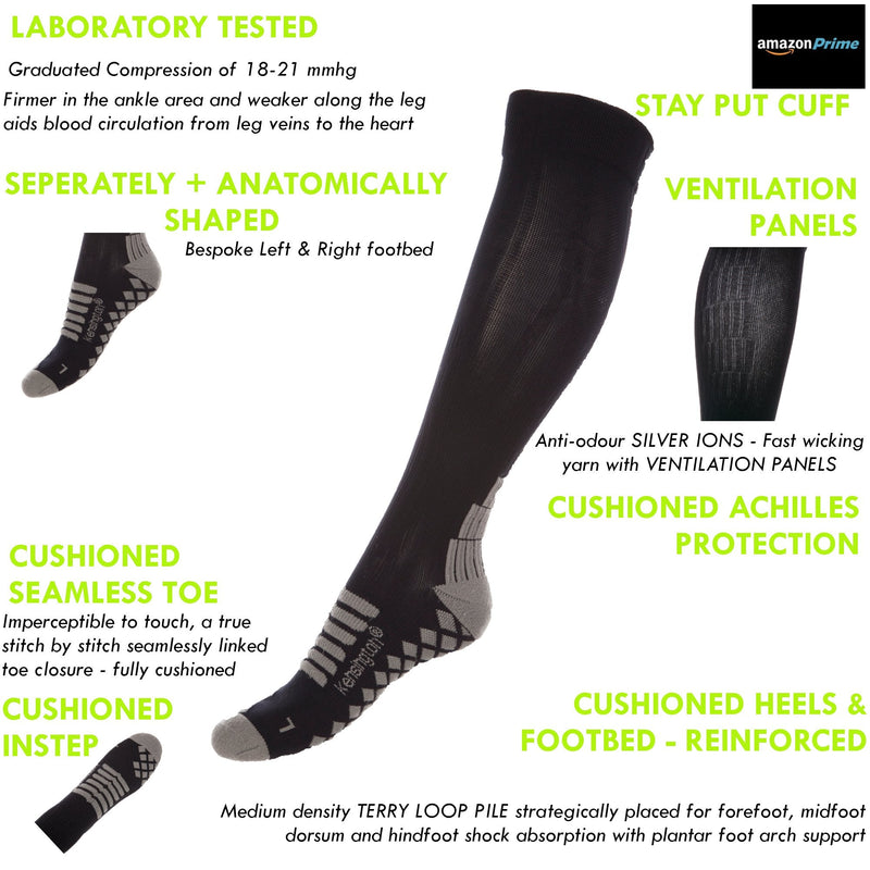 Kensington® Compression Socks For Women Men Black Cushioned Anti-Dvt Size Unisex – Medical Flying Running Pregnancy Nurses Flight Travel Sport Varicose Veins - Pain Relief Recovery Endurance Stamina 8-11 - BeesActive Australia