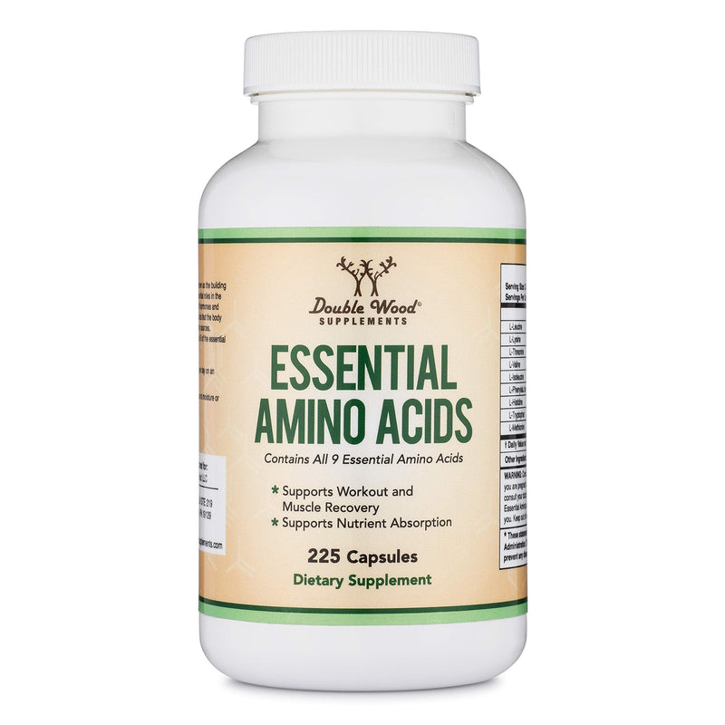Essential Amino Acids - 1 Gram Per Serving Powder Blend of All 9 Essential Aminos (EAA) and all Branched-Chain Aminos (BCAAs) (Leucine, Isoleucine, Valine) 225 Capsules by Double Wood Supplements - BeesActive Australia