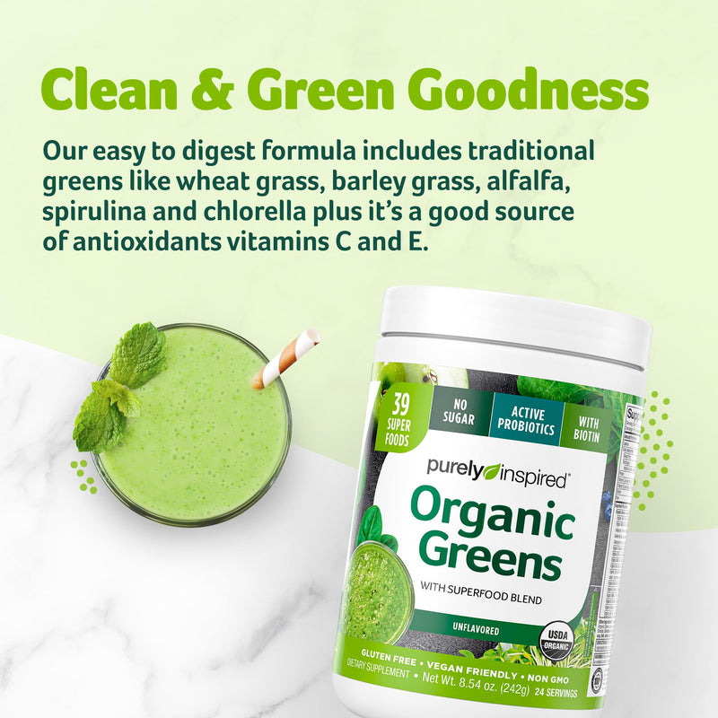 Greens Powder Smoothie Mix | Purely Inspired Organic Greens Powder Superfood, Unflavored, 24 Servings (Package May Vary), 8.57 Ounce (Pack of 1) - BeesActive Australia