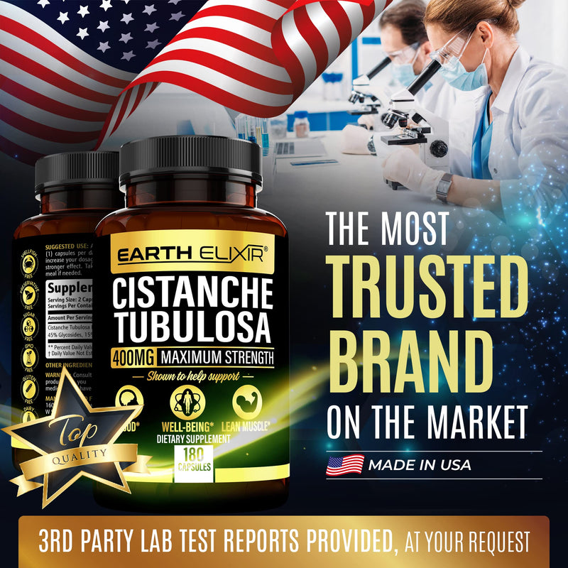 Earth Elixir Cistanche Tubulosa 400 mg (180 Capsules) 3 Months Supply – Made in USA- Max Purity - Cistanche Supplement - Zero Fillers – Gluten Free - Vegan - Nootropics - 100% Pure Cistanche Herb - BeesActive Australia