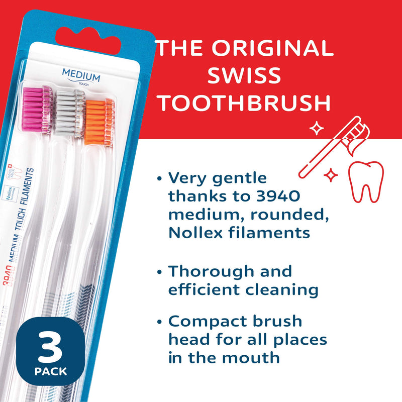 TELLO 3940 Adult Medium Swiss Toothbrush for Gentle Cleaning with Ergonomic Handle, 3 Count 3 Count (Pack of 1) - BeesActive Australia