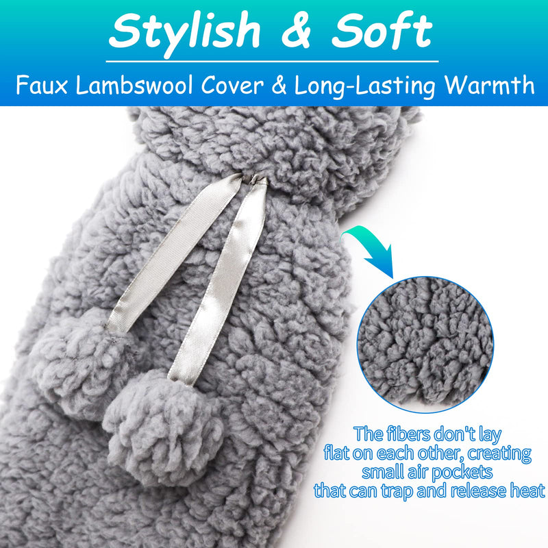 Long Hot Water Bottle with Cover UK, 2L Extra Large Hot Water Bottle Pouch for Body Waist Neck Back Shoulder Hand, 72cm Full Body Length Fluffy Hot Water Bag for Girls, Men, Adults (Gray) Gray Faux Lambswool - BeesActive Australia