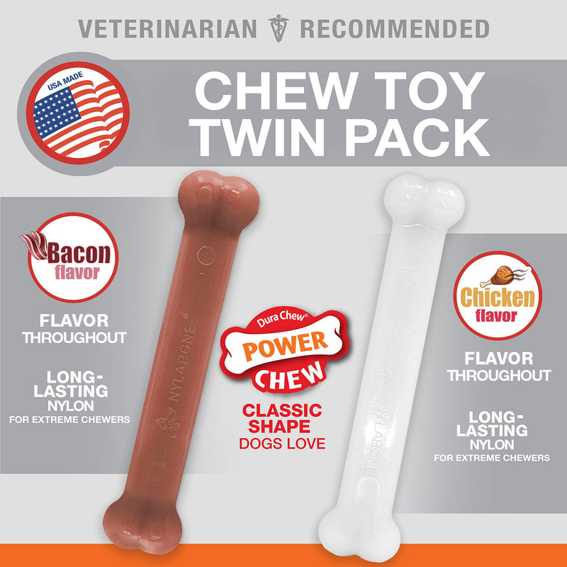Nylabone Classic Twin Pack Power Chew Toy for Dogs l Durable Dog Chew Toy for Aggressive Chewers Made with Bold Flavor Bacon & Chicken Large/Giant (2 Count) - BeesActive Australia