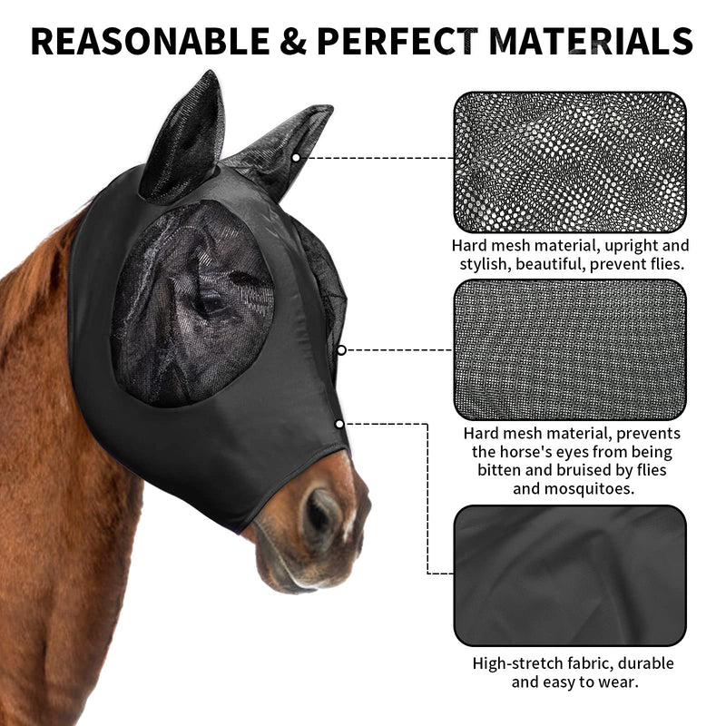 2 Pieces Horse Fly Mask, Horses Mask with Ears and Long Nose Protection, Smooth & Elasticity Lycra Fine Mesh Horse Head Cover with UV Protection Black,Gray L - BeesActive Australia