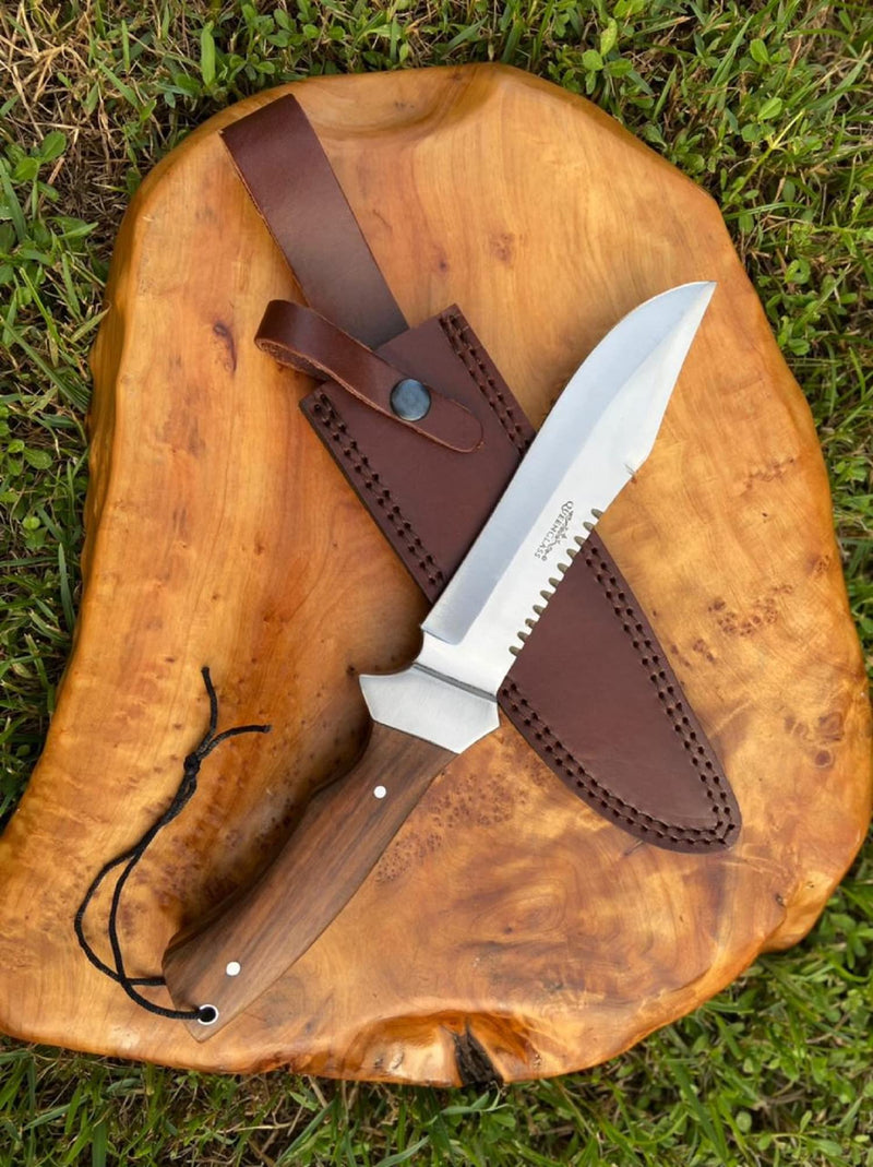 J&S Urban Expedition Premium 13" Hunting Knife with Sheath | Fixed Blade Outdoor Knife | Brown Leather Sheath | Exotic Hardwood Handle | Camping Outdoor - BeesActive Australia