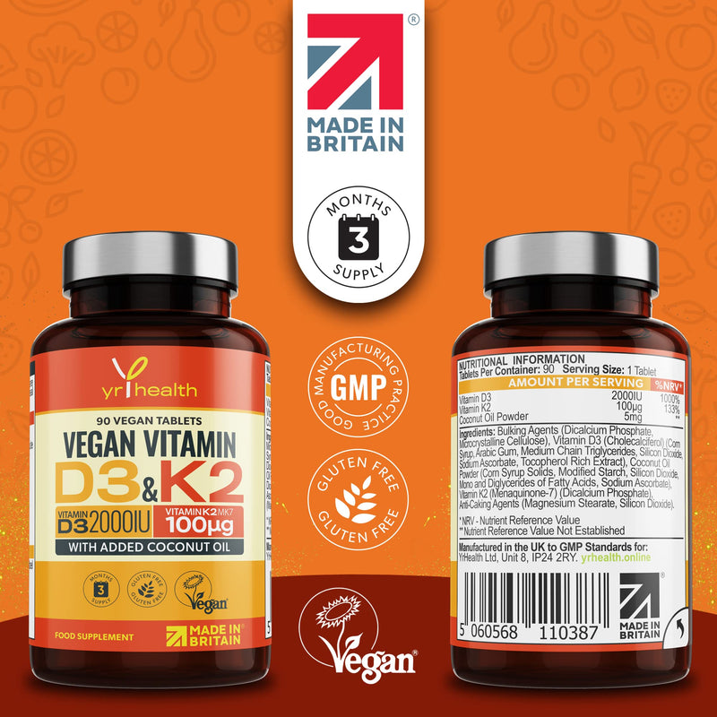 Vegan Vitamin D3 K2 Tablets High Strength & Coconut Oil for Absorbtion - Vitamin D 2000iu & Vitamin K2 Mk7 100mcg Plant Based Supplement for Immune System, Bones, Blood Calcium Levels, Made in The UK - BeesActive Australia