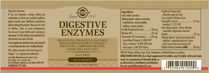 Solgar Digestive Enzymes Tablets - Pack of 100 - Increase Nutrient Absorption - Holistic Digestion Support - Gluten Free - BeesActive Australia