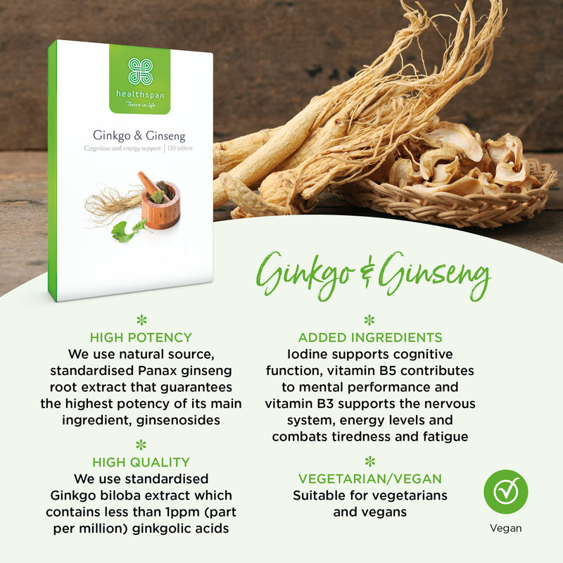 Healthspan Ginkgo & Ginseng | 120 Tablets | Ginkgo Biloba | Panax Ginseng Extracts | Iodine | Vitamin B3 | Vitamin B5 | Vegan - BeesActive Australia