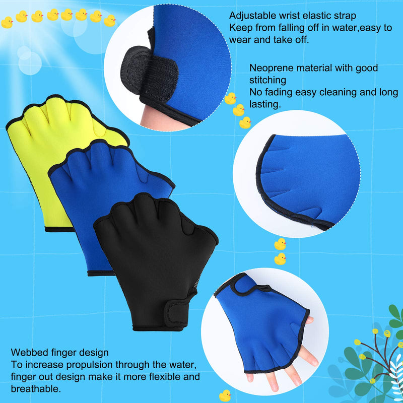 3 Pairs Aquatic Gloves Swim Training Gloves Waterproof Webbed Swimming Gloves Hand Paddles Fingerless Aqua Flippers Gloves for Men Women Diving Surfing Pool Exercise, 3 Colors Black, Blue, Yellow - BeesActive Australia