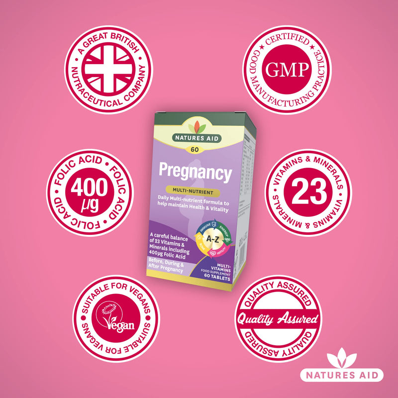 Natures Aid Pregnancy Multi-Vitamins and Minerals Tablets (23 Essential Vitamins and Minerals, 60 Tablets, Before, During and After Pregnancy, Vegan Society Approved, Made in the UK) - BeesActive Australia