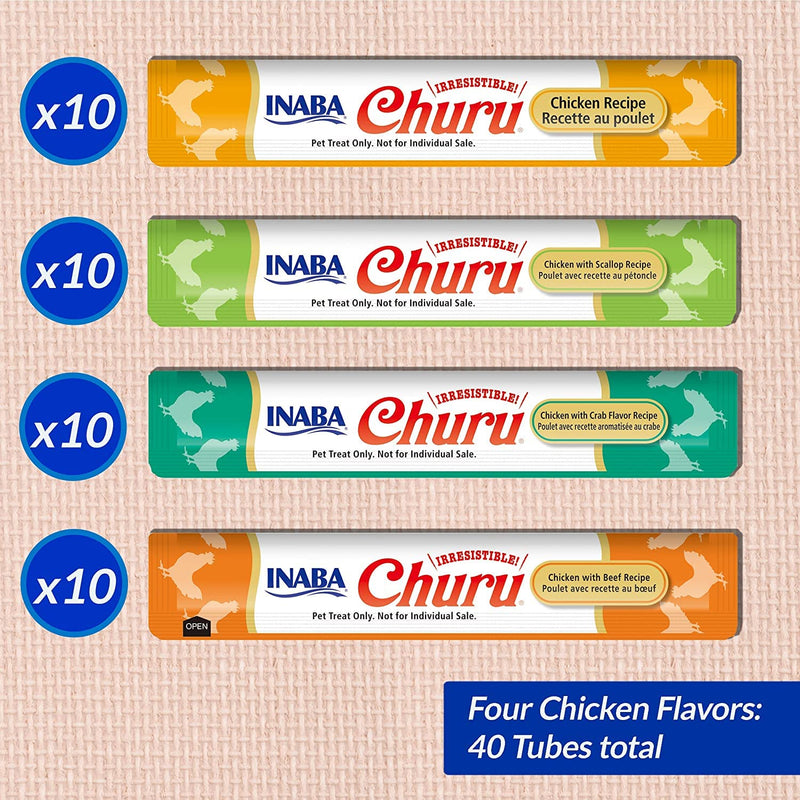 INABA Churu Cat Treats, Grain-Free, Lickable, Squeezable Creamy Purée Cat Treat/Topper with Vitamin E & Taurine, 0.5 Ounces Each Tube, 40 Tubes Chicken Variety Box - BeesActive Australia