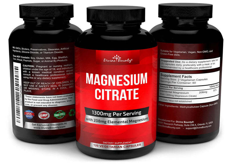 Pure Magnesium Citrate Capsules - 1300mg Magnesium Supplement with Elemental Magnesium - 120 Vegetarian Capsules - BeesActive Australia