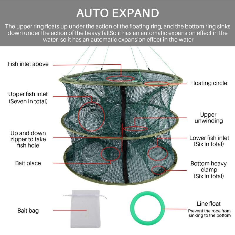 mouhike Folded Fishing Net Portable Fish Shrimp Minnow Crawfish Crab Baits Cast Mesh Trap Collapsible Zipper Cast Dip Cage Automatic Fish Basket Fishing Kit with Storage Bag Nylon Rope 13 holes - BeesActive Australia