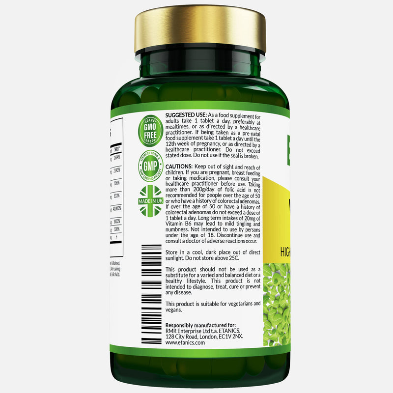 Etanics Vitamin B Complex 60 Tablets � All 8 B Vitamins B1, B2, B3, B5, B6, B12, Biotin & Folic Acid � Vegetarian & Vegan Made in the UK � Supports High Strength Mental Performance and Reduces Fatigue - BeesActive Australia
