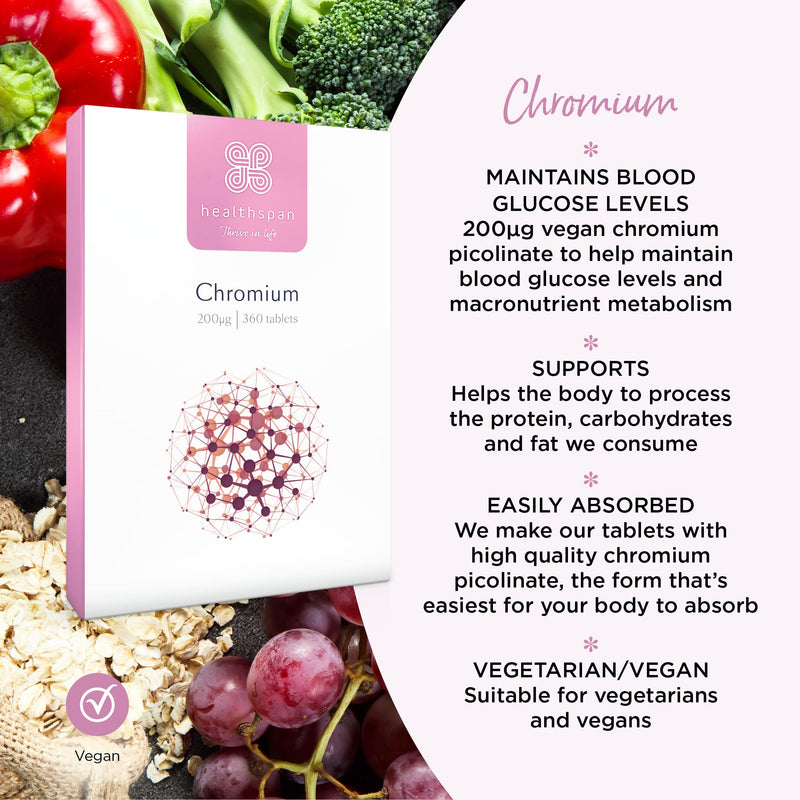 Healthspan Chromium | 360 Tablets | 200µg Vegan Chromium Picolinate | Easy to Absorb | Vegan - BeesActive Australia