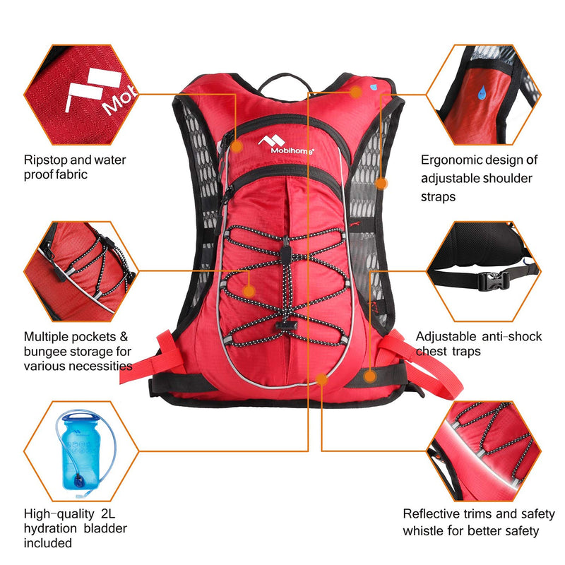 Mobihome Hydration Backpack Lightweight Sport Daypack & Bike Backpacks with 2L Leak Proof Water Bladder, Adjustable Padded Shoulder, Chest & Waist Straps for Running, Hiking, Cycling, Climbing Red-002 - BeesActive Australia